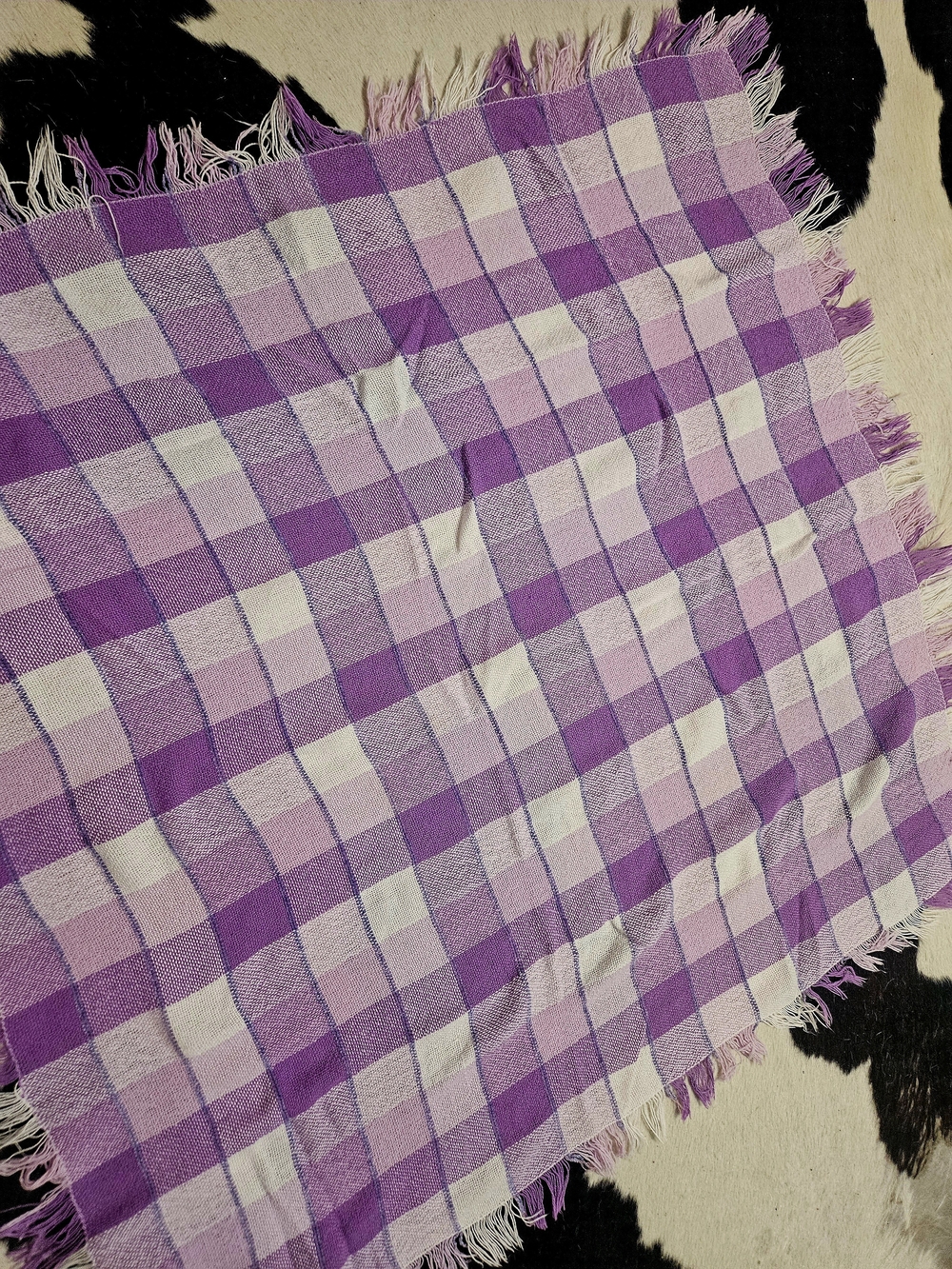 Vintage 1980s HANDWOVEN Purple Check Plaid Fringe Scarf Wrap XL